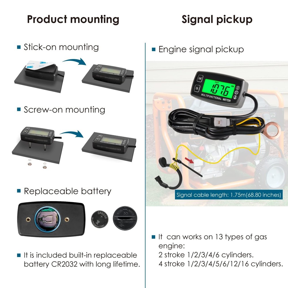 RL-HM035T-TS002 Digital Engine Temp Gauge Hours Tachometer, Backlight Display...