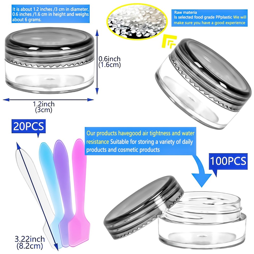 100 Pcs 5g Empty Plastic Containers with Black Lids,Mini Makeup Sample Contai...