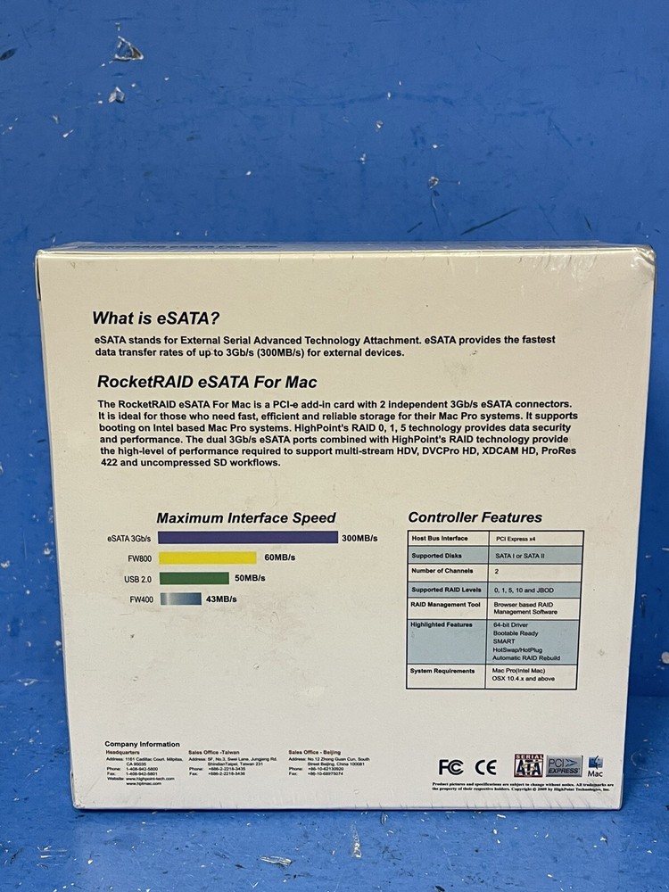 NEW HighPoint RocketRAID eSATA Controller MAC Dual eSATA Port X4 RAID Controller