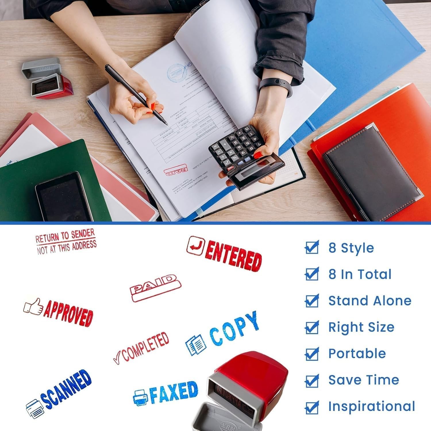 8PCS Office Stamps Set, Paid Scanned Approved Copy Faxed Completed Entered Re...