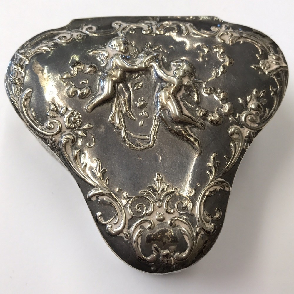 Antique Solid Silver Trinket Box Embossed Cherub Design Berthold Muller 1902