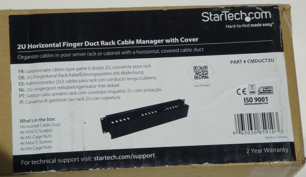 StarTech Cable Management Panel 2U Horizontal Finger Duct Rack Removeable Cover