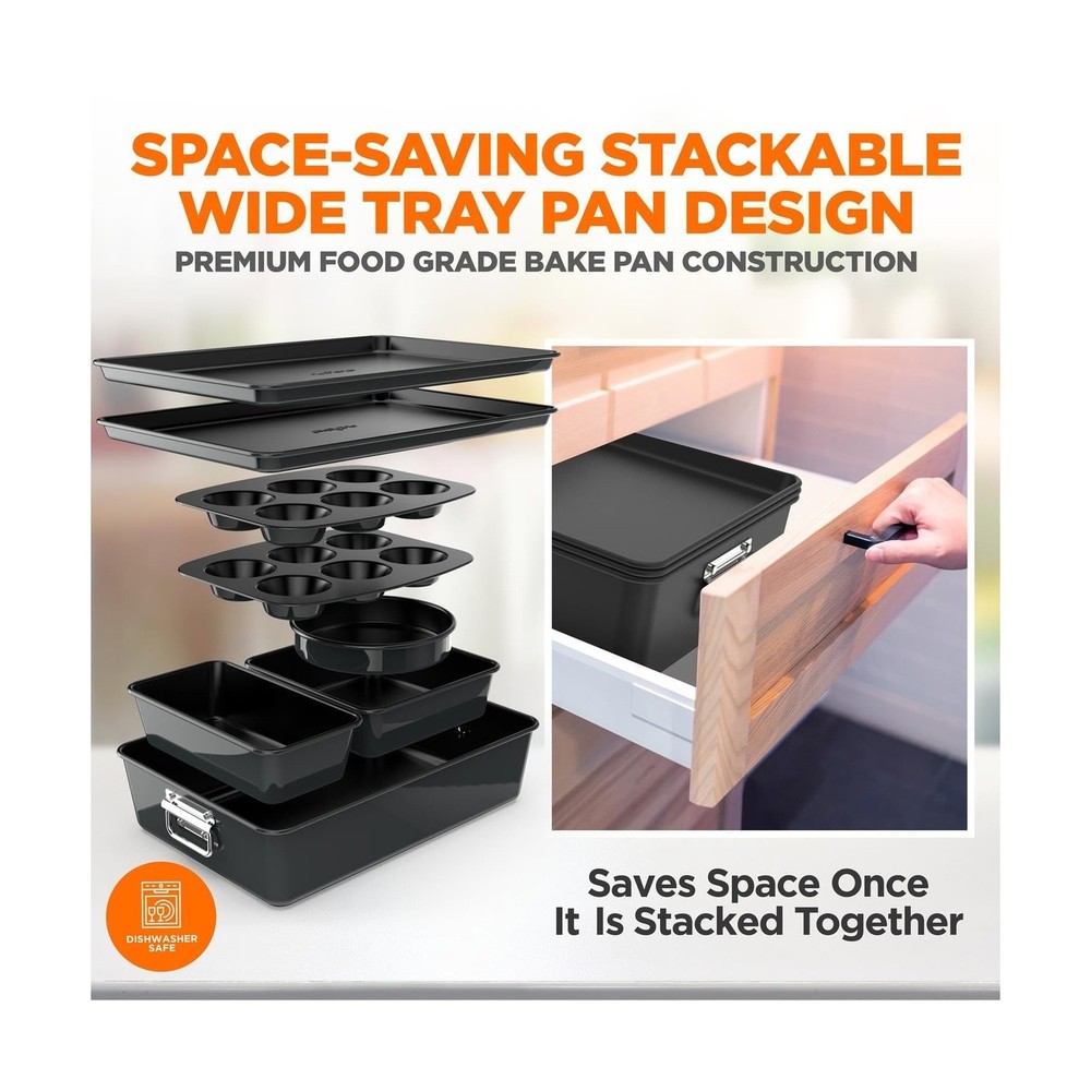 NutriChef 8-Piece Stackable Nonstick Bakeware Set - Premium Steel Baking Tray...