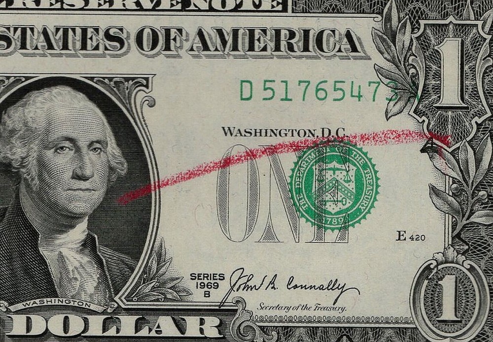 1969b $1 FRN Overprint Misalignment Error BEP Rejection Mark PCGS 63PPQ