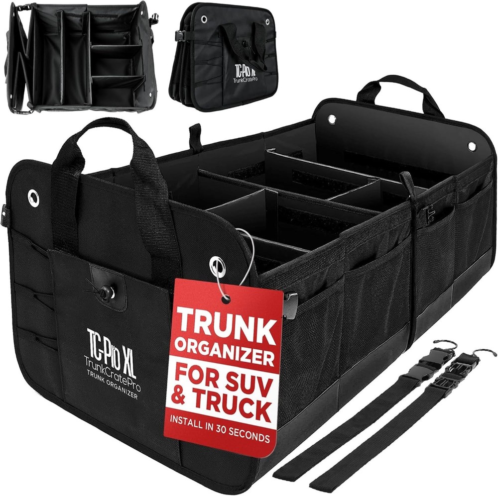 Versatile Car Storage Organizer with Adjustable Compartments and Securing Straps