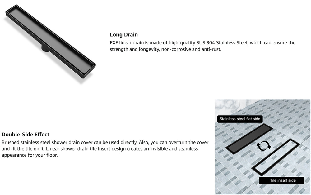 Linear Shower Drain 28 Inch Matte Black with Reversible Flat & Tile Insert Cover
