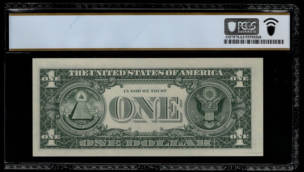 1969b $1 FRN Overprint Misalignment Error BEP Rejection Mark PCGS 63PPQ
