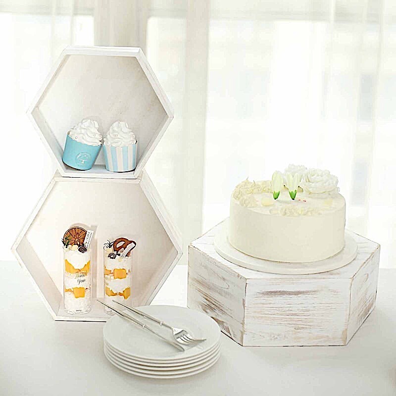 3 Whitewashed Wooden CAKE STAND Hexagonal Dessert Display Boxes Party Events