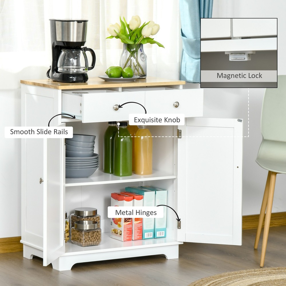A storage cabinet with two drawers and adjustable shelves