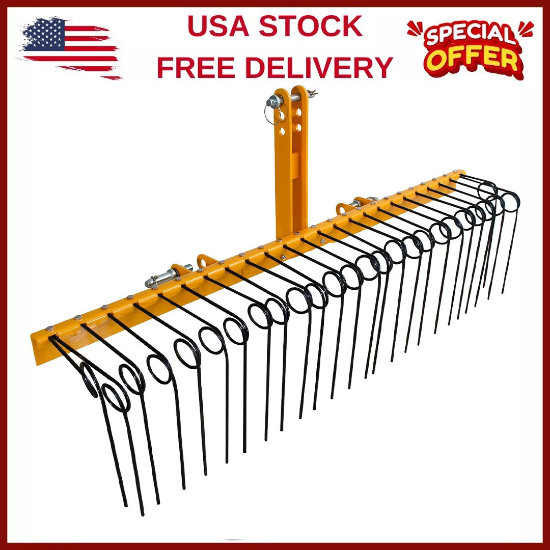 Multi-Purpose 60 IN Pine Straw Rake w/26 Spring Steel Teeth for Cat 0/1 Tractors