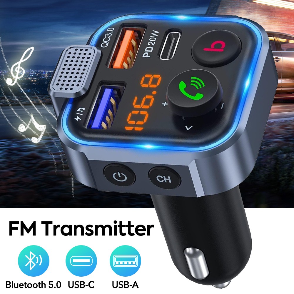 Bluetooth FM Transmitter QC3.0 PD USB-C Car Charger Wireless RGB Backlit Adapter