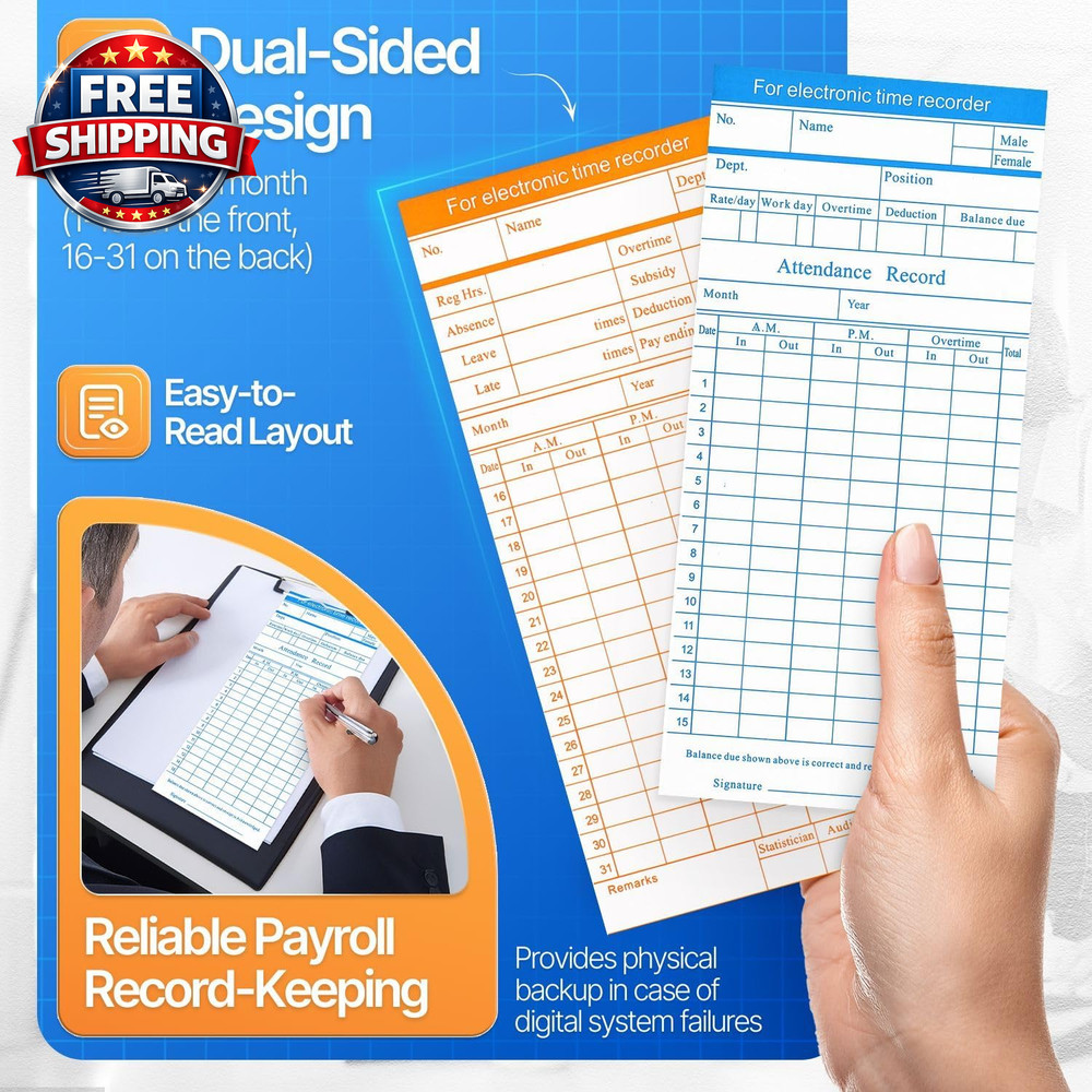 100 Pack Monthly Time Cards - 6 Column Time Sheets for Accurate Tracking