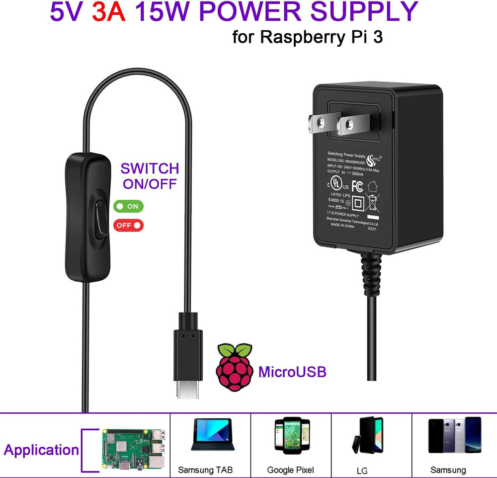 [UL Listed] Raspberry Pi Power Supply with Switch 15W 5V 3A Micro USB Raspberry