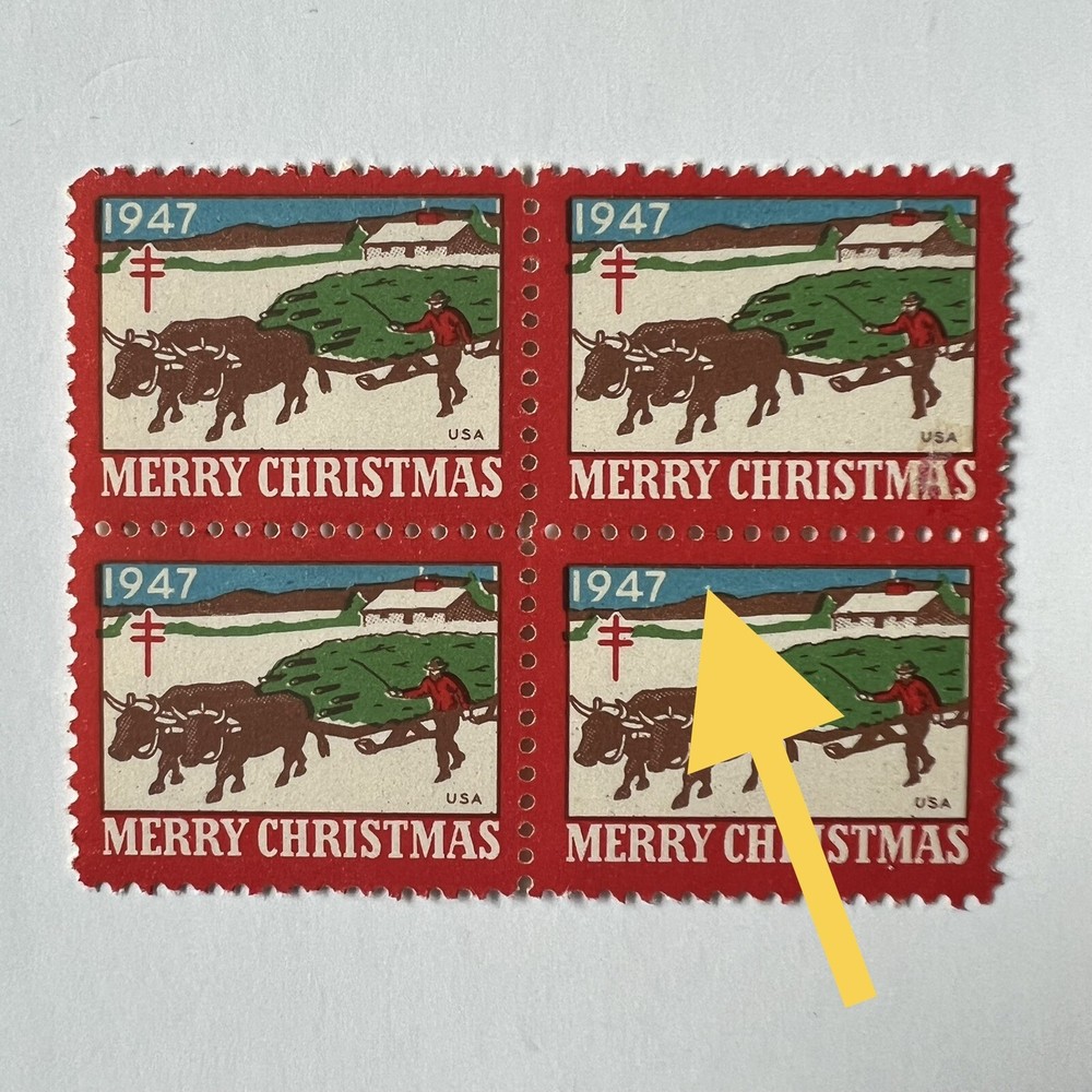 ERROR 1947 CHRISTMAS SEAL BLOCK WITH WHITE DOT ABOVE MOUNTAIN RANGE