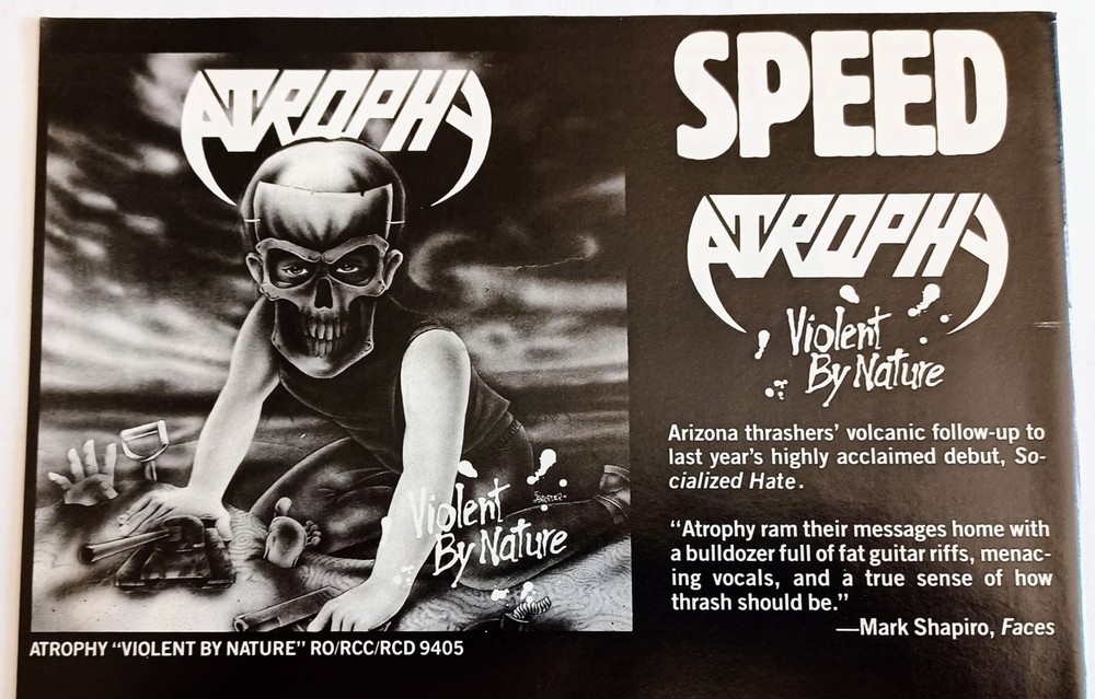 ATROPHY~VIOLENT BY NATURE~ORIG 1990 ALBUM PROMO~PRINT MAGAZINE AD PINUP CLIPPING