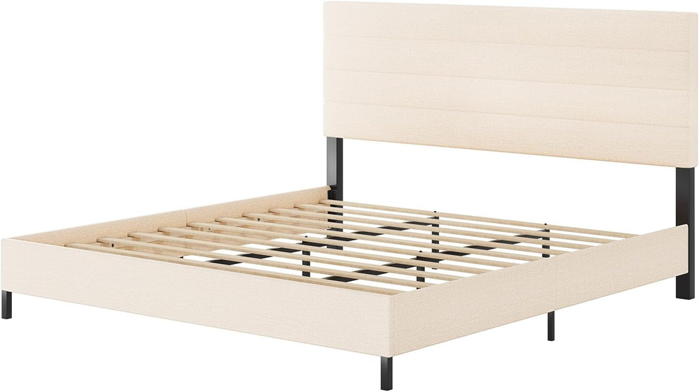 King Size Bed Frame, Modern Upholstered Bed Frame King with Adjustable Linen Hea