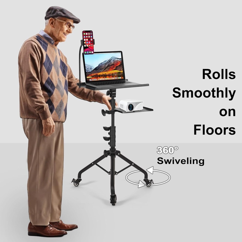 Portable Laptop Stand with Rolling Wheels, Adjustable Height