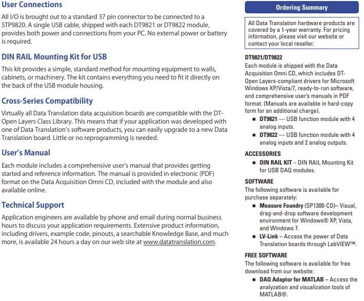 MEASUREMENT COMPUTING DATA TRANSLATION DT9822 USB DAQ HIGH RESOLUTION