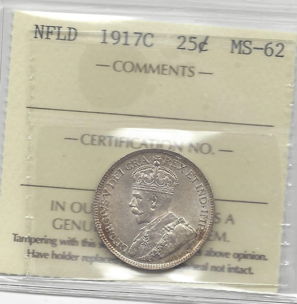 1917c  ICCS Graded Newfoundland Twenty-Five Cent **MS-62**