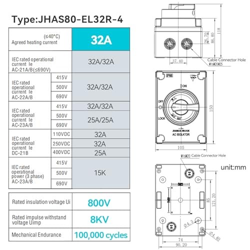 UL-Listed 32Amp Disconnect Switch 800V AC; IP66 Waterproof; 32Amp 4-Pole