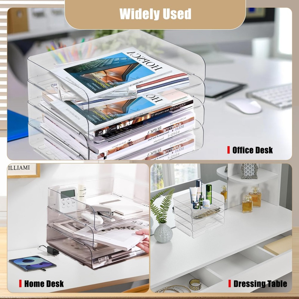 Clear Stackable Paper Trays 4 Pack, PET Letter 4 Count (Pack of 1),