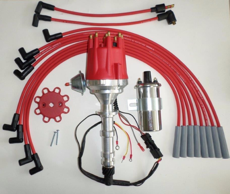 small cap BIG BLOCK CHEVY 348 409 RED HEI Distributor + Chrome Coil + Plug Wires