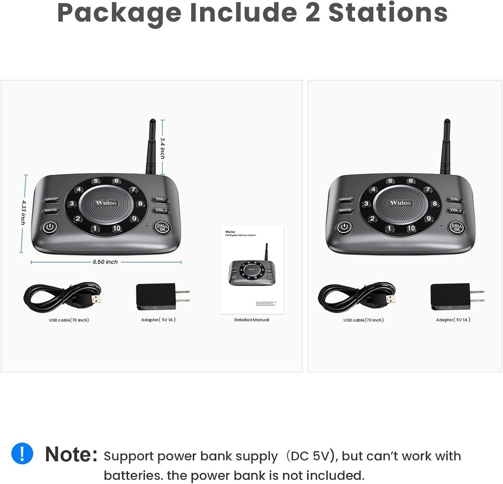 (2) Wuloo Full Duplex 2-Way Audio Wireless Intercom System 5280ft Range S600-P2