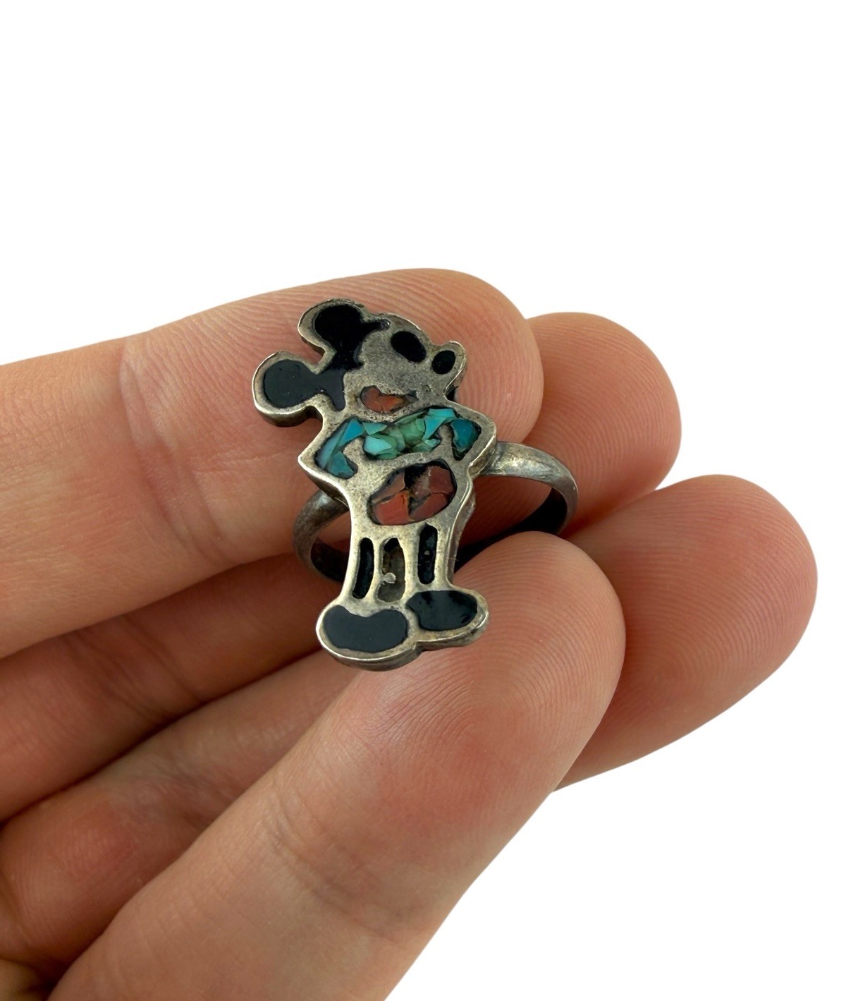 Vintage Mickey Mouse Sterling Silver Onyx/Coral Turquoise Ring & 2 Pendants