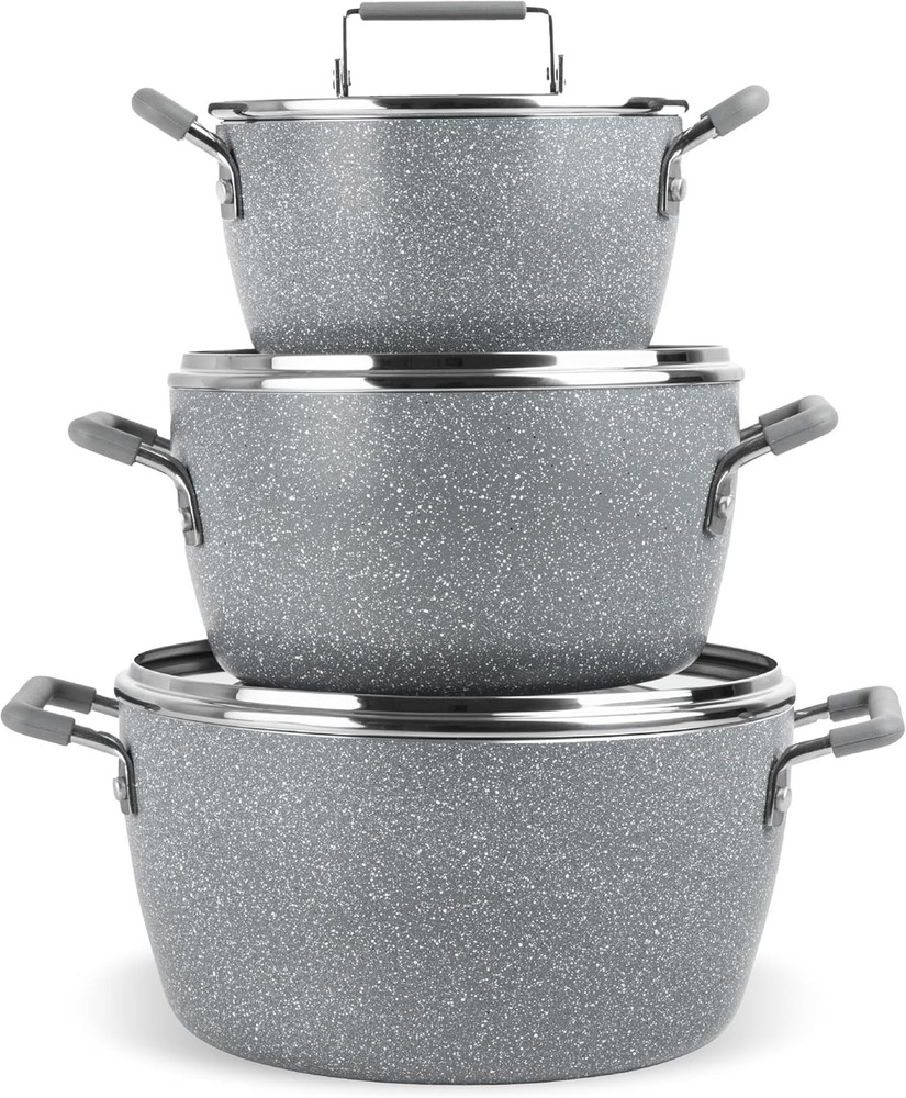 Granitestone Gray Pots and Pans Set Nonstick, 6 Stackable Piece Cooking Pots Set