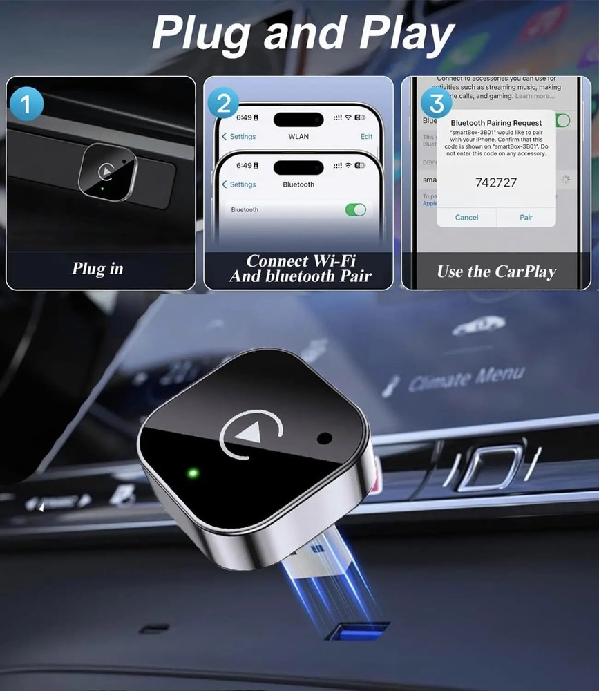 Wireless CarPlay & Android Auto Dongle, Fast Auto-Connect, Compact Plug & Play f