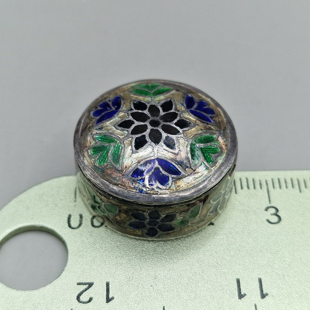 Vintage Sterling Silver & Enamel Pill Box