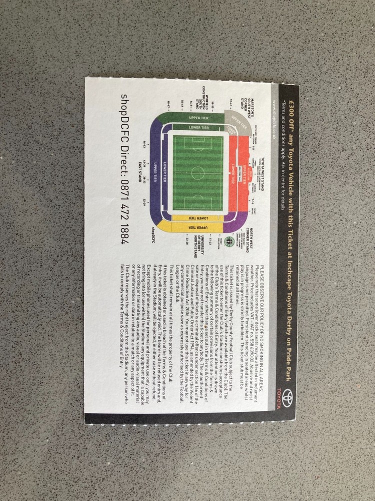 Derby County v Wolverhampton Wanderers 2008-09 Match Ticket