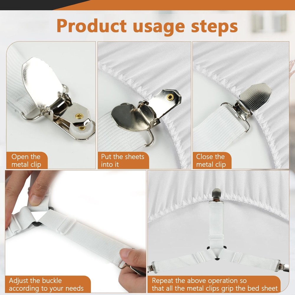 LKbeuuu 4PCS Bed Sheet Straps with Metal Clips, Adjustable Elastic White