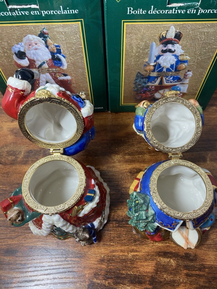 2 Traditions Porcelain Decorative Keepsake Box Hand Painted Santa & Nutcracker