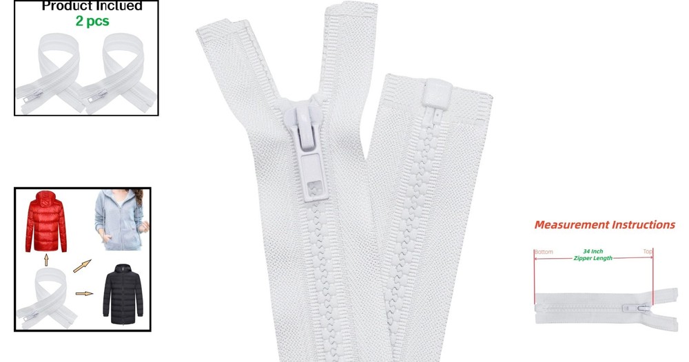 2 Pack 34 Inch White Plastic Zippers for Jackets Sewing Replacement