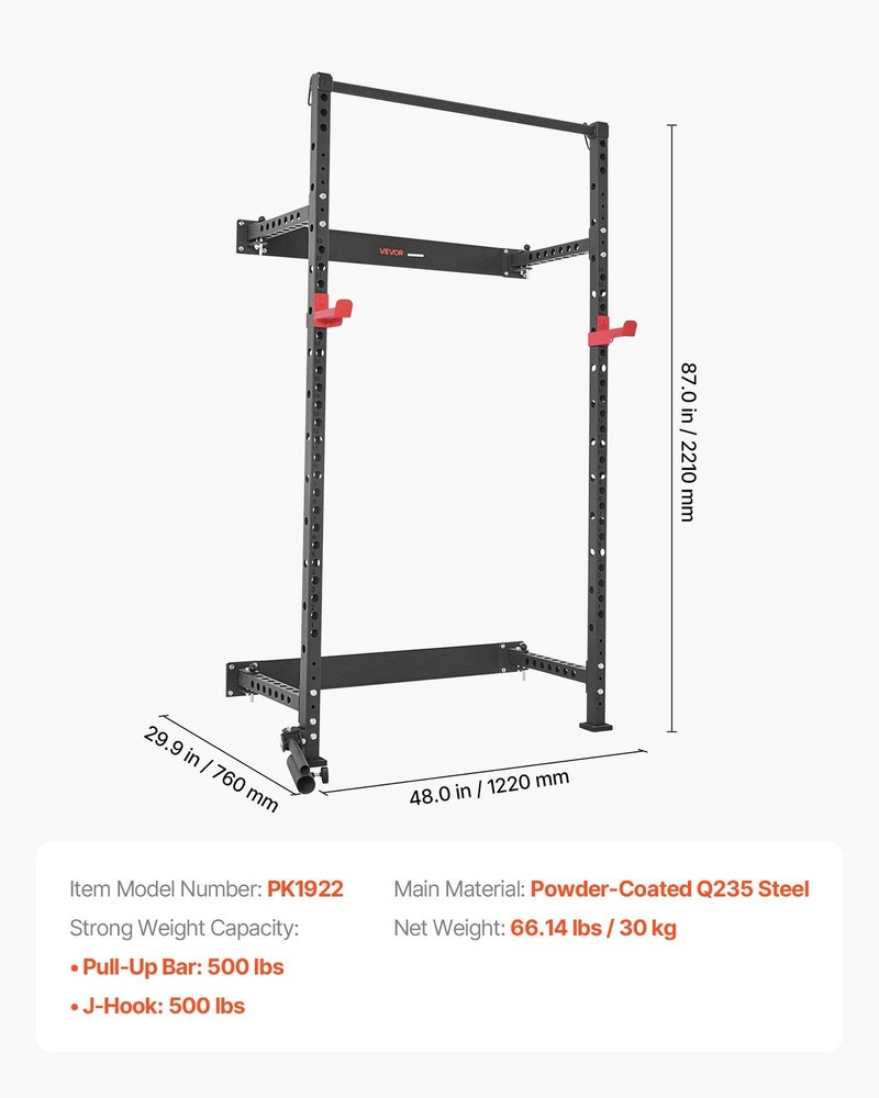 Space-Saving Folding Power Rack: 1000lb, Adjustable J-Hooks & Pull-Up Bar