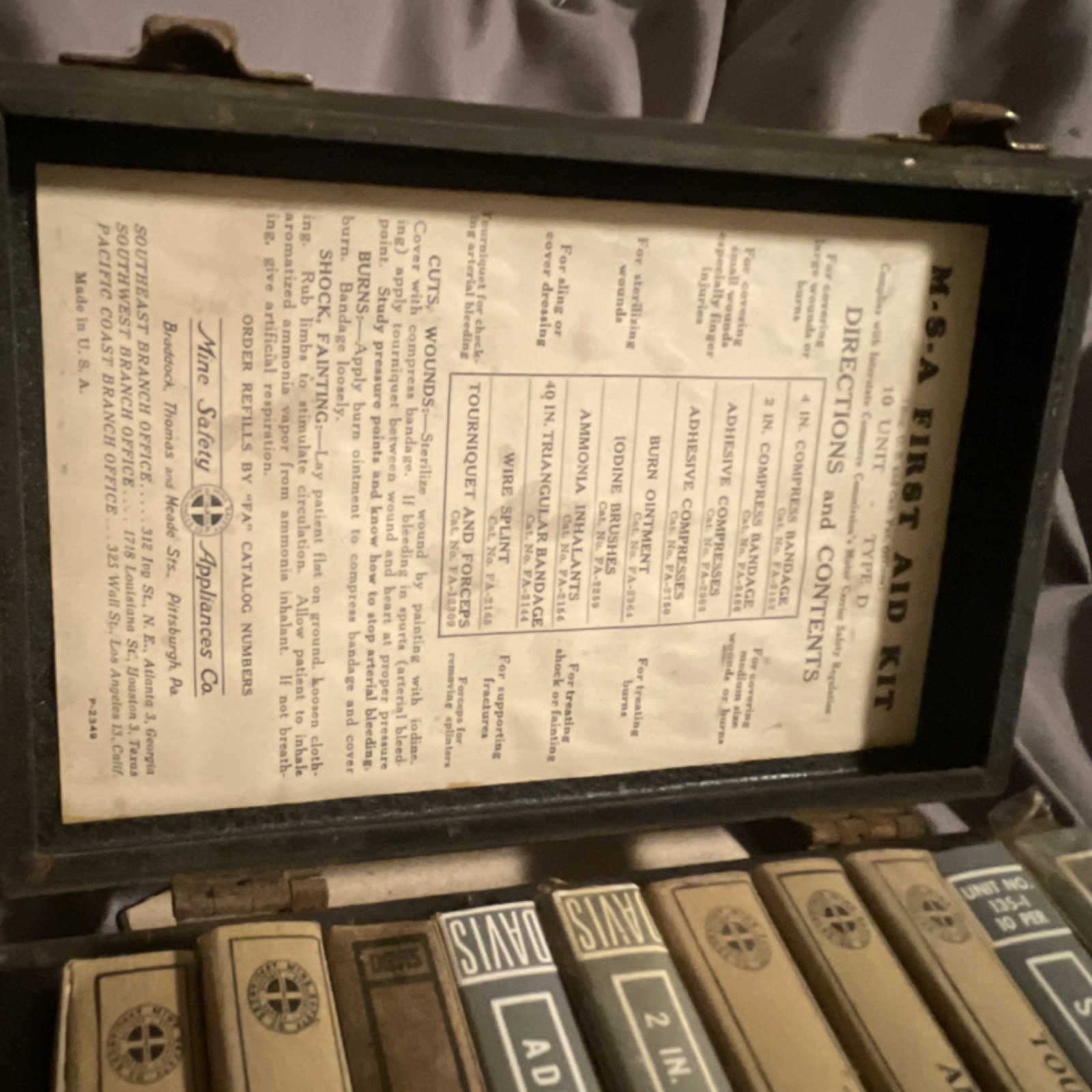 Mine Safety Appliances Co. Military Surplus First Aid Kit Original Contents