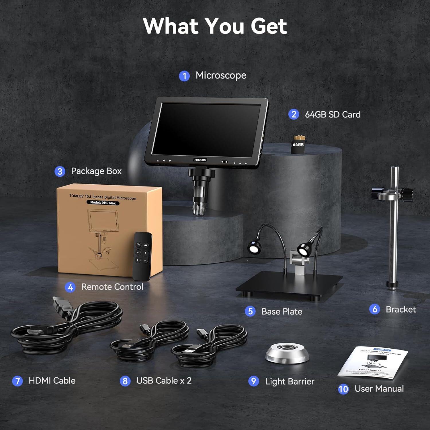 TOMLOV DM9 Max 10.1" IPS HDMI Digital Microscope 1500X 20MP Soldering Microscope