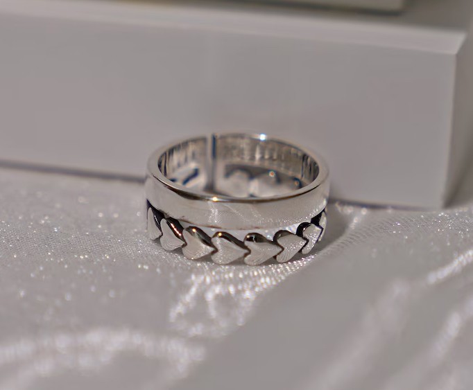 Solid 925Sterling Silver Heart & Polished Flat Double Layered Band Handmade Ring