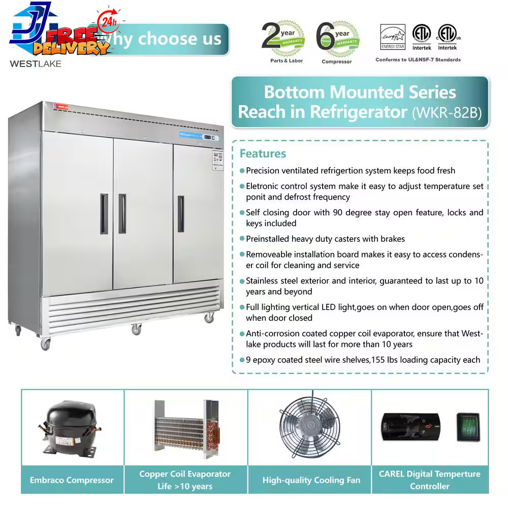 82 In. W. 72 Cu. Ft. Commercial Refrigerator 3-Solid Door Electronic Control Sys