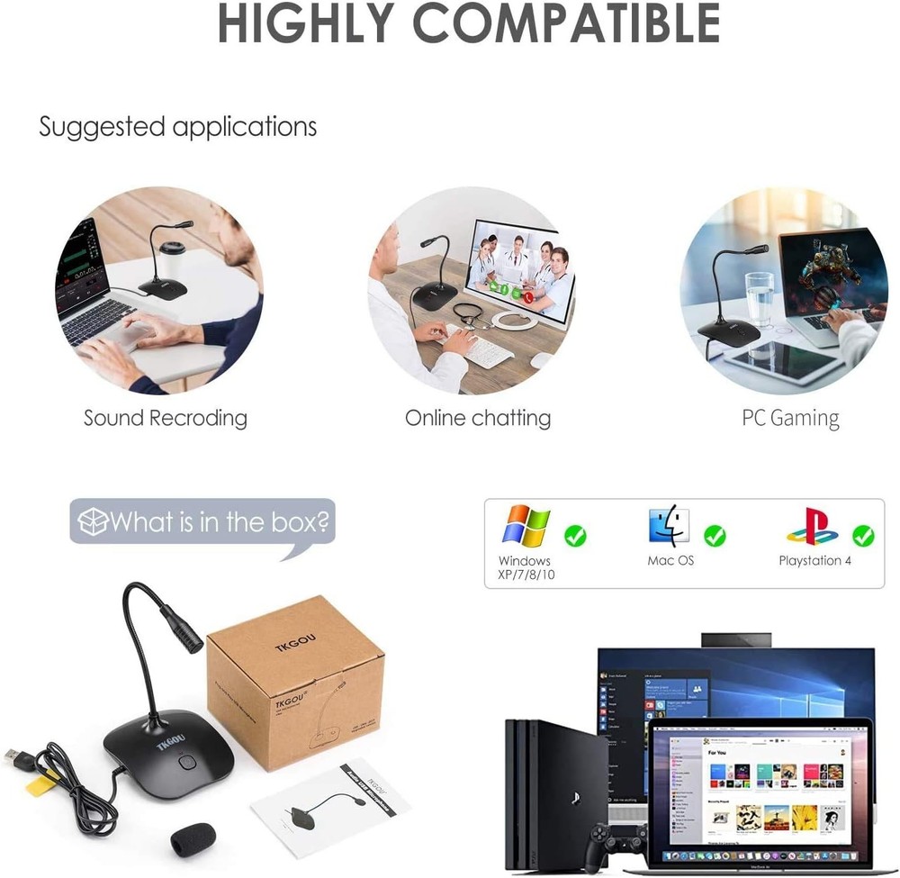 USB Microphone, 360 Degree Adjustable Gooseneck Design, Mute Button & LED Indica