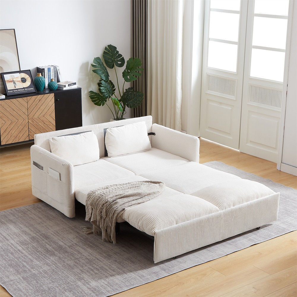 Convertible Sleeper Sofa Bed Loveseat Sofa with Pull-Out Bed & 2 Pillows
