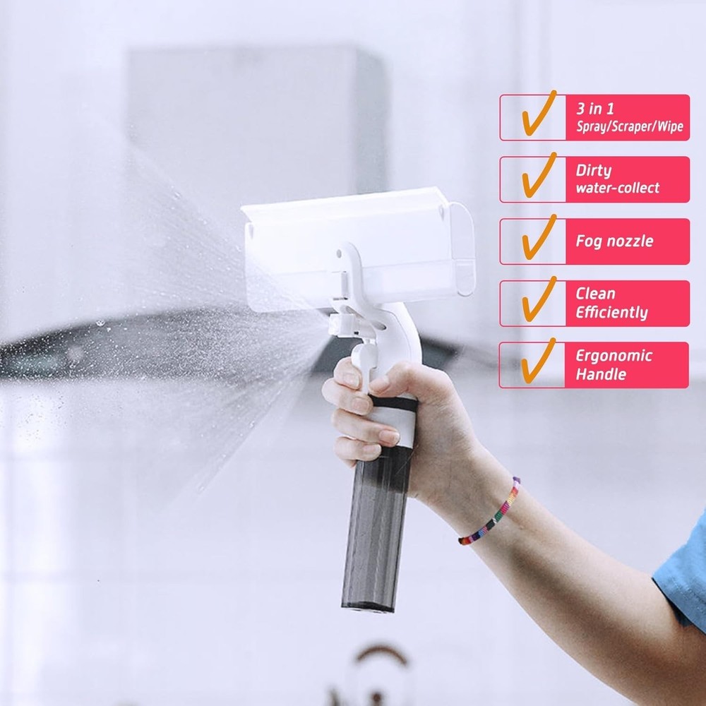 3-in-1 Window Cleaning Squeegee with Spray Bottle & Microfiber Scrub