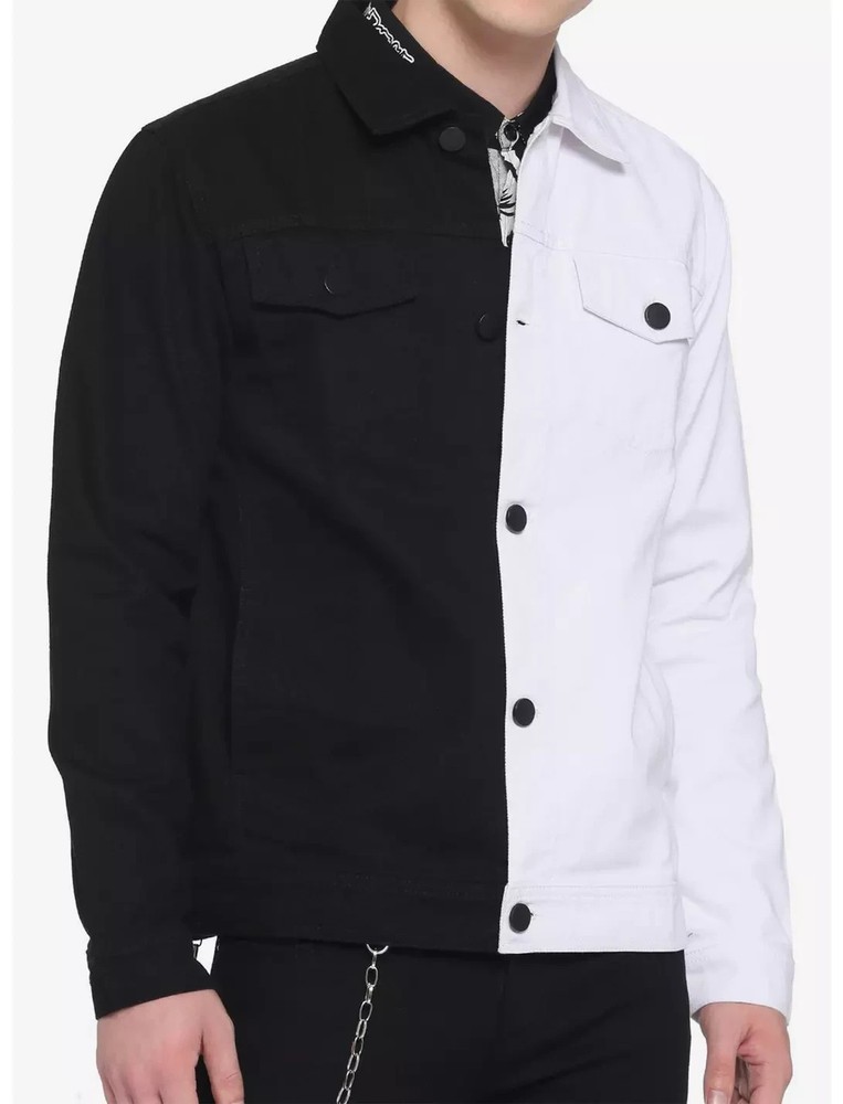 New Hot Topic Black & White Split Denim Jacket-Heavy Weight