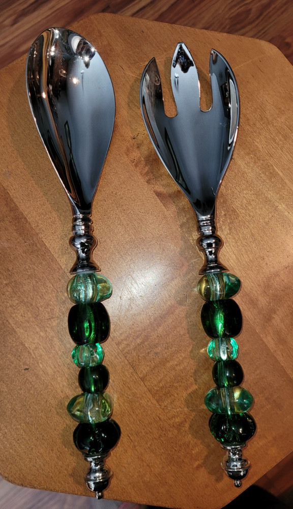 Silver Tone Salad Serving Spoon/Fork with Green Beaded Handles