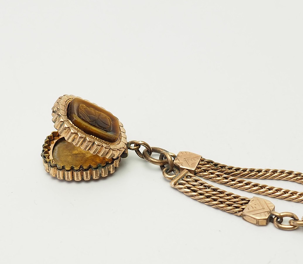 Antique gold filled carved tiger eye profile etched locket chain watch fob