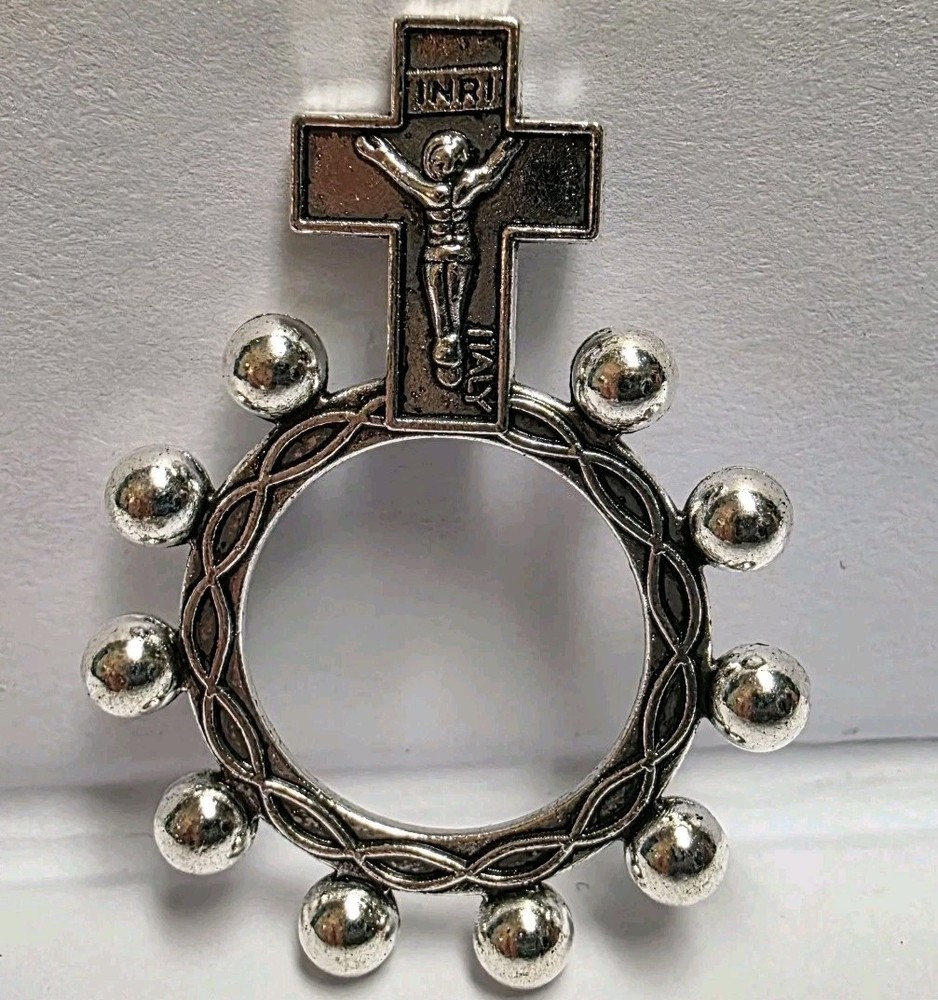 Silver Tone One Decade Pocket Rosary Ring; Catholic Finger Rosary INRI Italy