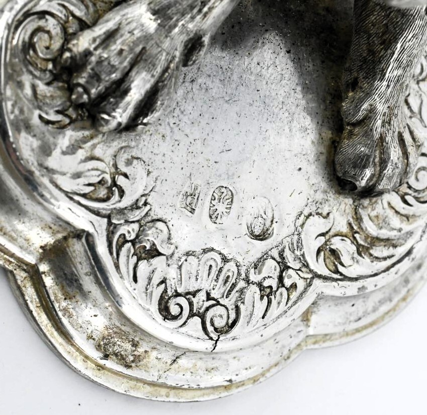 X LARGE FIGURAL GERMAN HANAU SILVER CORNUCOPIA DRINKING HORN SILVER TANKARD 1920