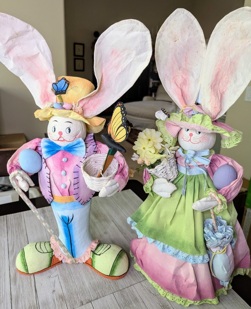 Easter Decorations Mr. & Mrs. Easter Bunny with Pastel Eggs Cane Pose-able Ears