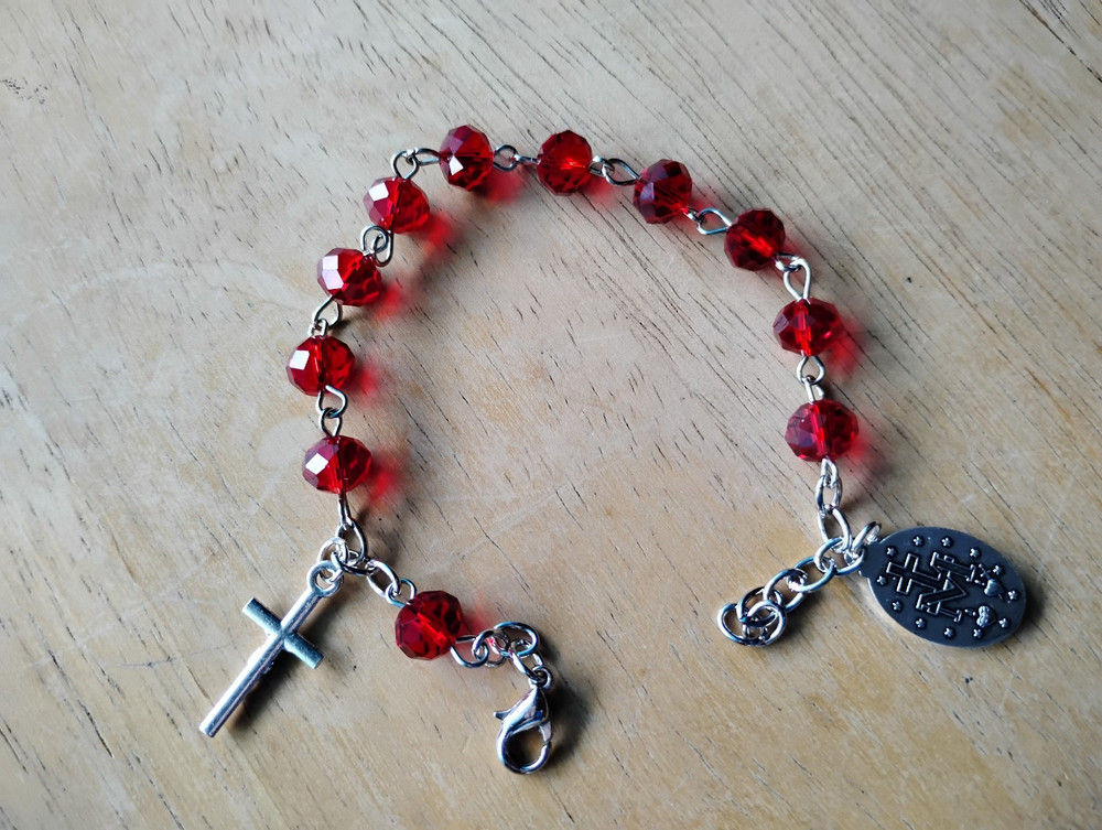 Ruby Red Crystal Rosary Bracelet 8mm Beads Silver crucifix July Birthstone